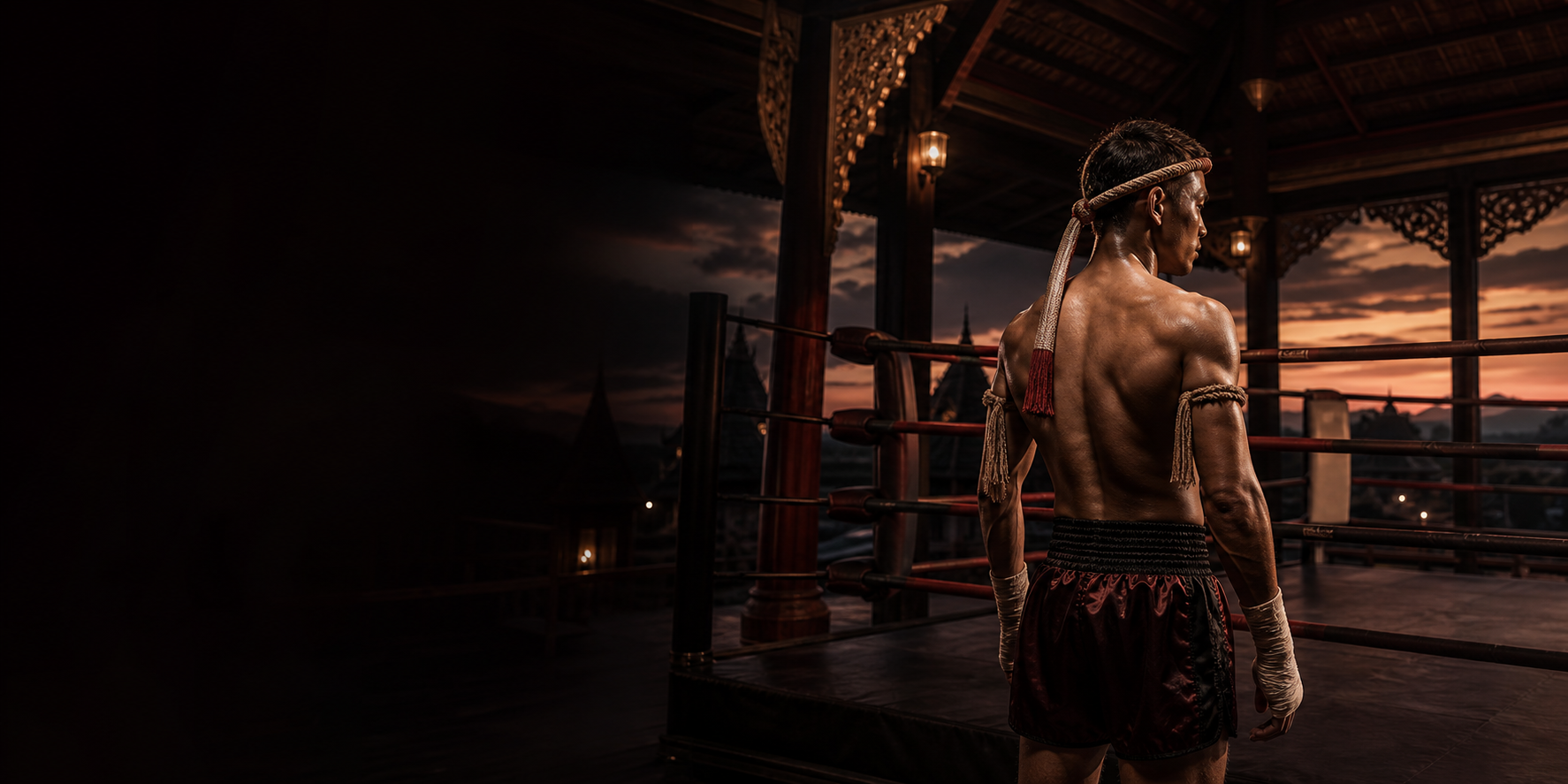 Muay Thai athlete training in a traditional Thai pavilion